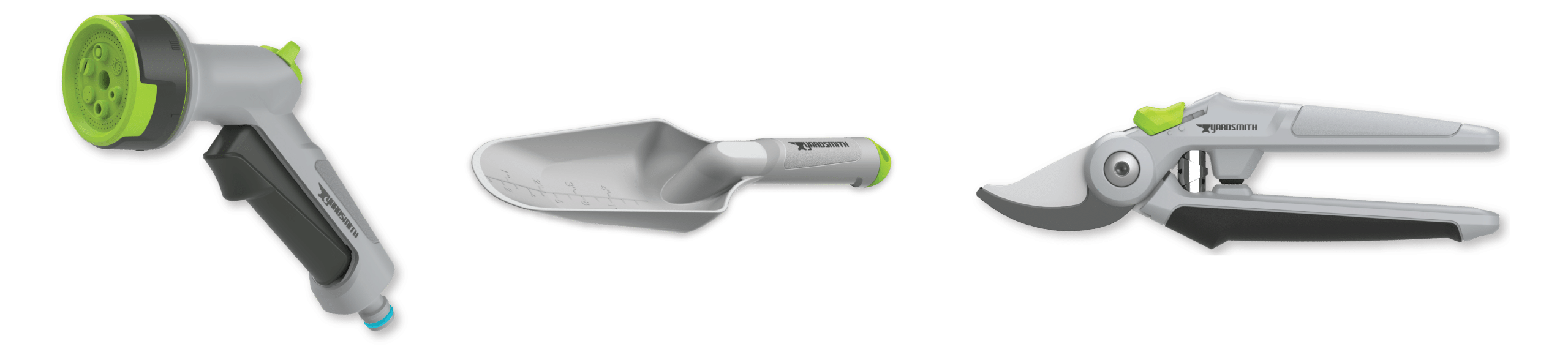 Hose nozzle, trowel and pruner